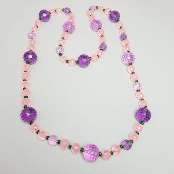 Vintage Purple and Pink Plastic Beaded Necklace, 28 Inches Long, Estate - Picture 3 of 7